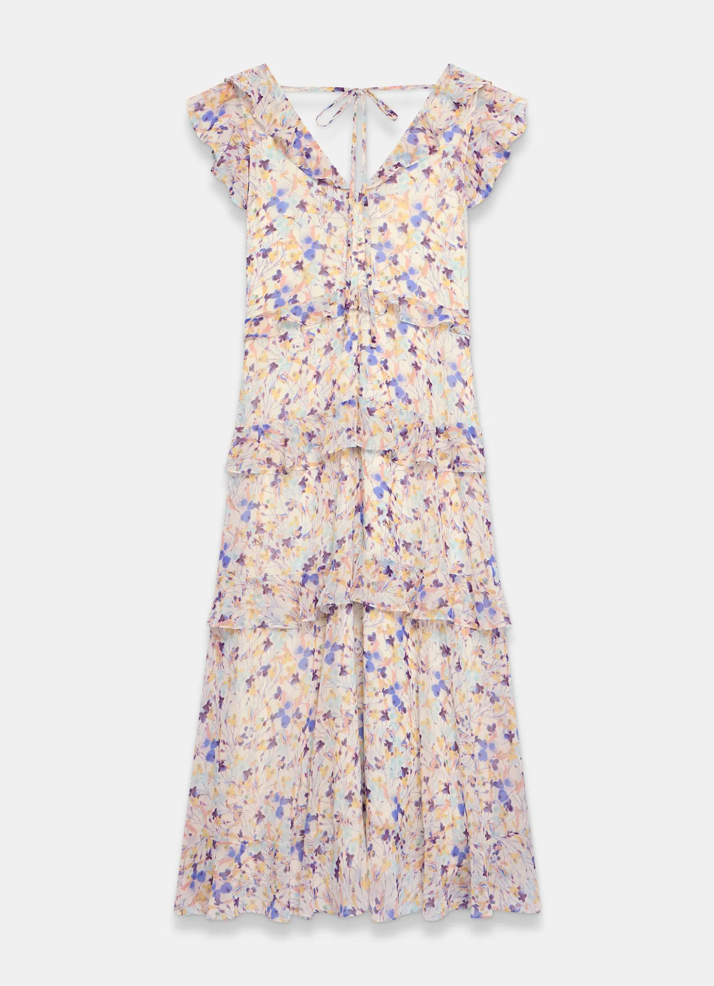 Blue Floral Print Ruffle Midi Dress
