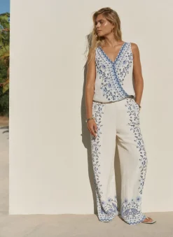 Blue Floral Print Wide Leg Trousers