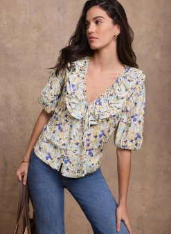Blue Floral Ruffle Trim Blouse