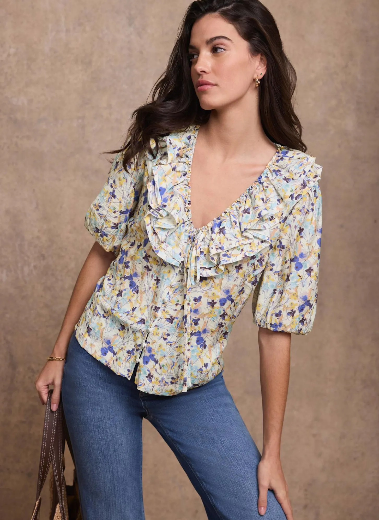 Blue Floral Ruffle Trim Blouse