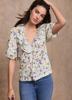 Blue Floral Ruffle Trim Blouse
