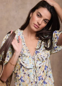 Blue Floral Ruffle Trim Blouse
