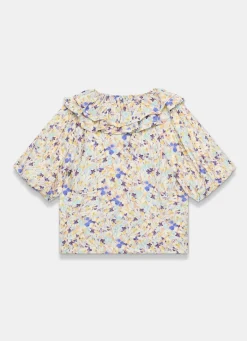 Blue Floral Ruffle Trim Blouse