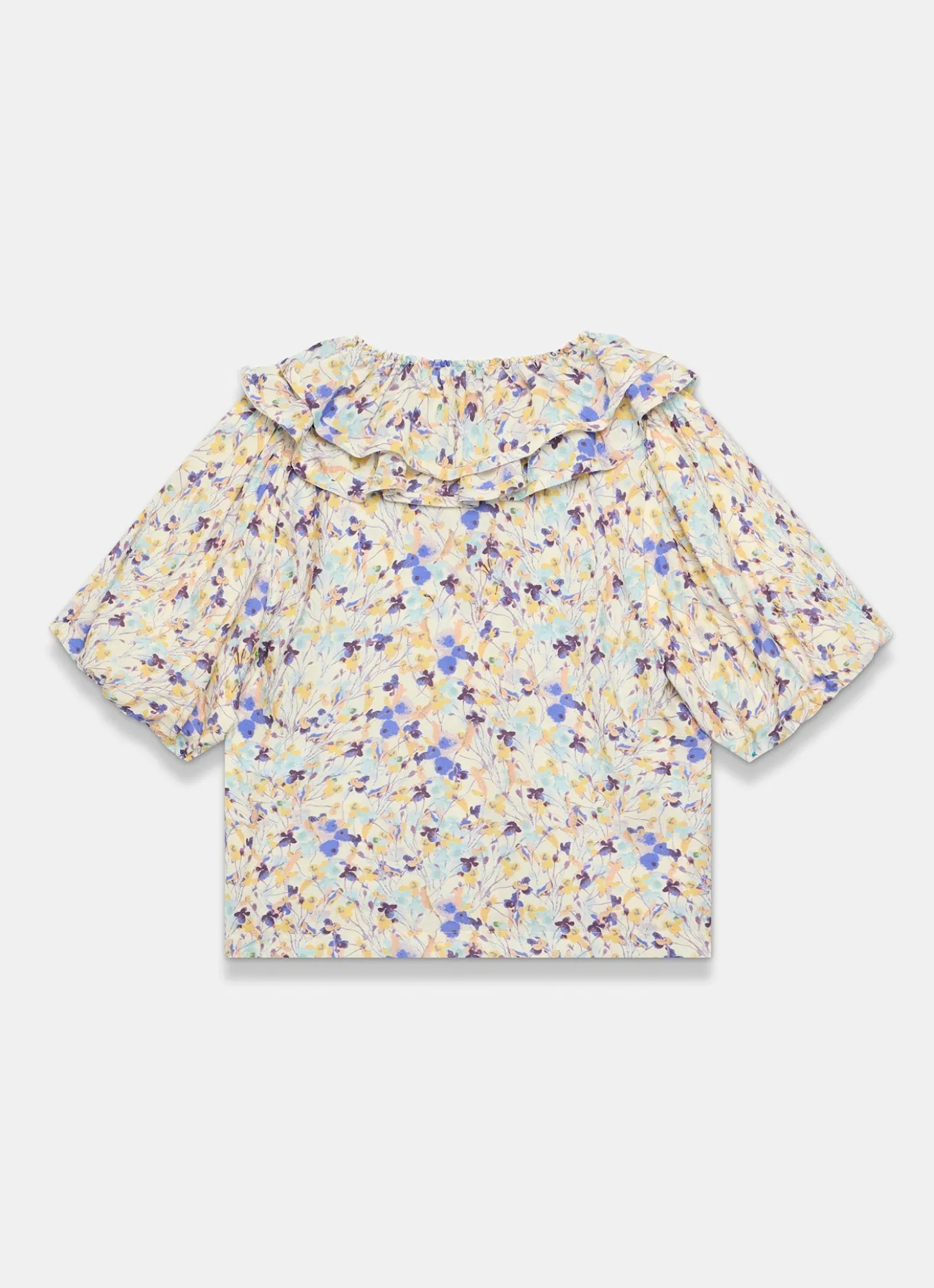 Blue Floral Ruffle Trim Blouse