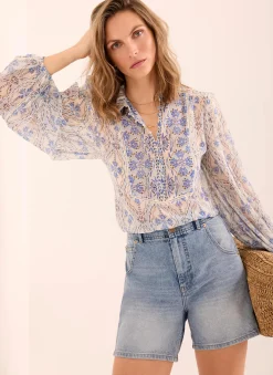 Blue Geo Print Ruffle Blouse