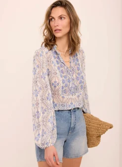 Blue Geo Print Ruffle Blouse
