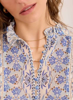 Blue Geo Print Ruffle Blouse