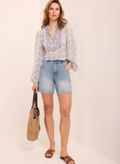 Blue Geo Print Ruffle Blouse