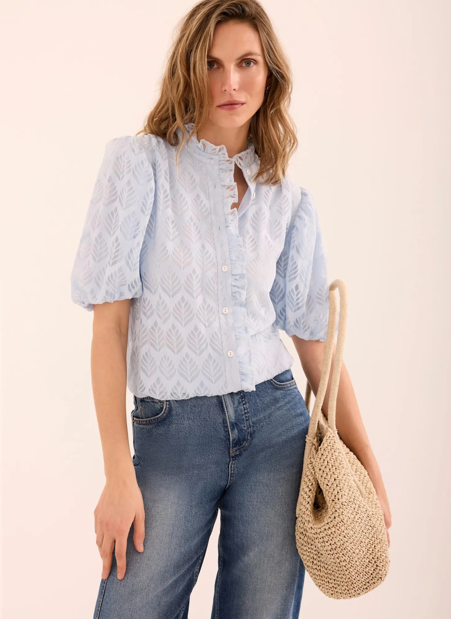 Blue Jacquard Ruffle Blouse