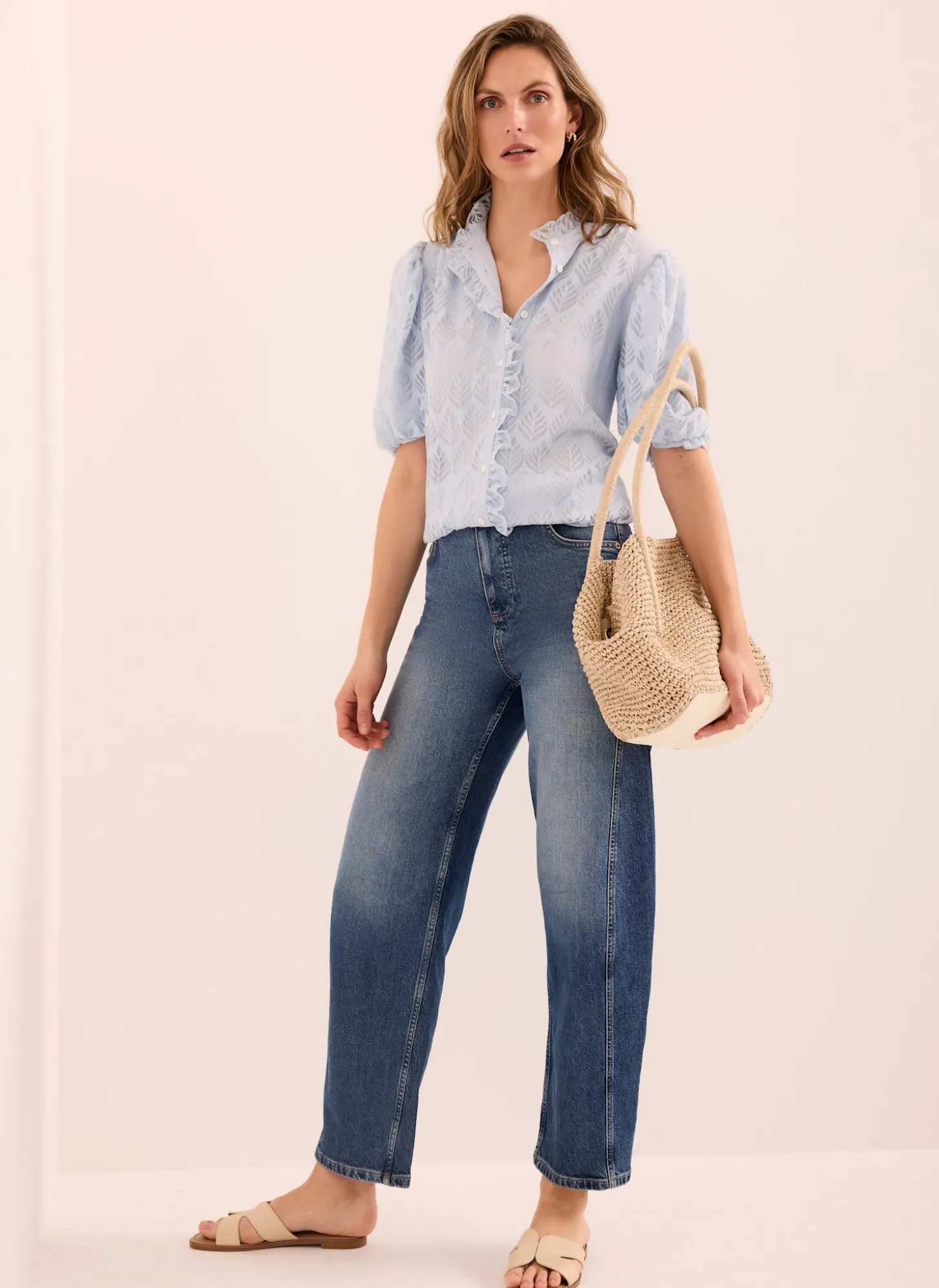 Blue Jacquard Ruffle Blouse