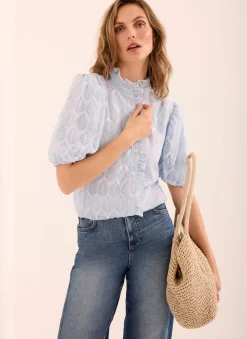 Blue Jacquard Ruffle Blouse