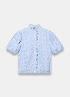 Blue Jacquard Ruffle Blouse