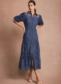 Blue Lace Midi Shirt Dress