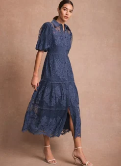 Blue Lace Midi Shirt Dress