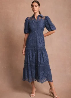 Blue Lace Midi Shirt Dress