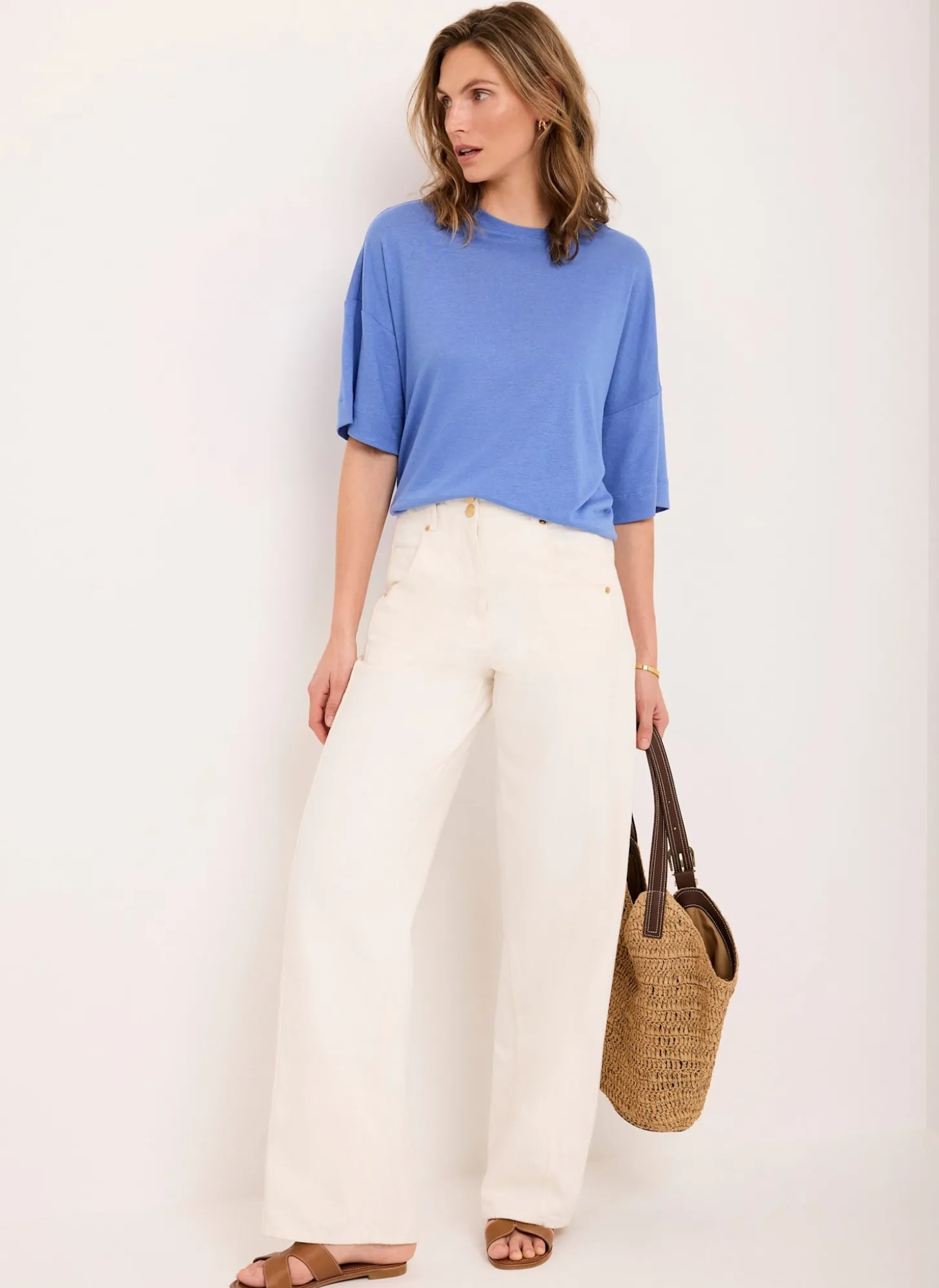 Blue Linen Blend Boxy T-Shirt