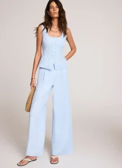 Blue Linen Blend Wide Leg Trousers