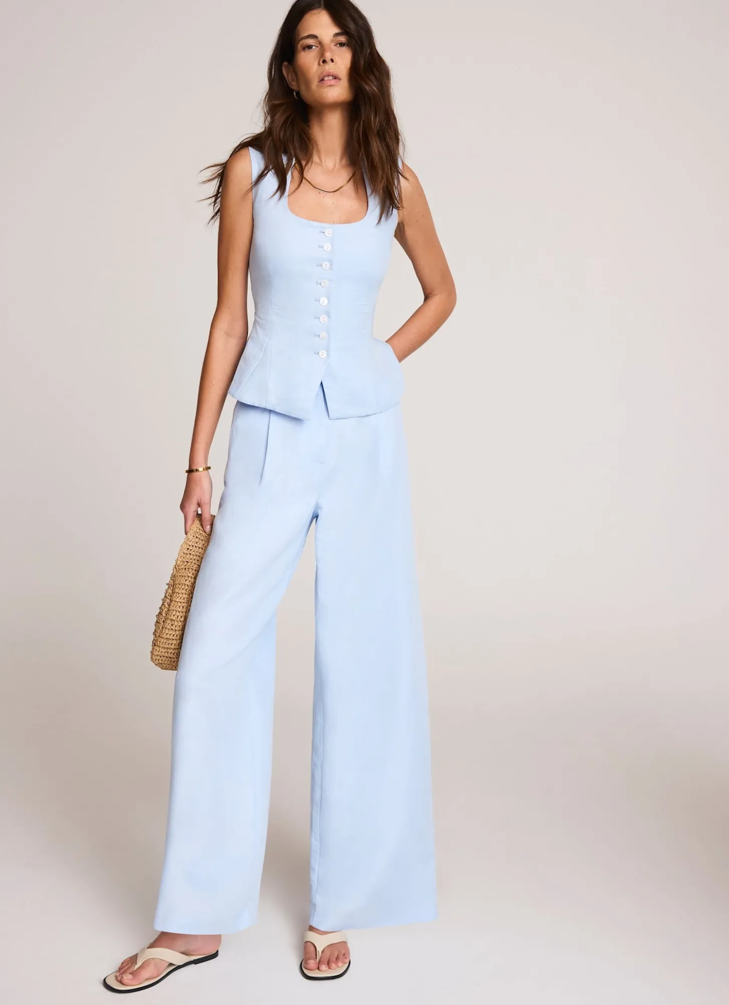 Blue Linen Blend Wide Leg Trousers