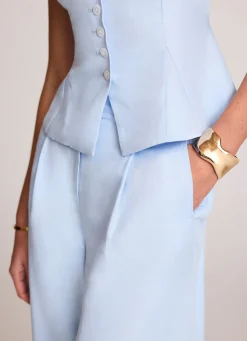 Blue Linen Blend Wide Leg Trousers