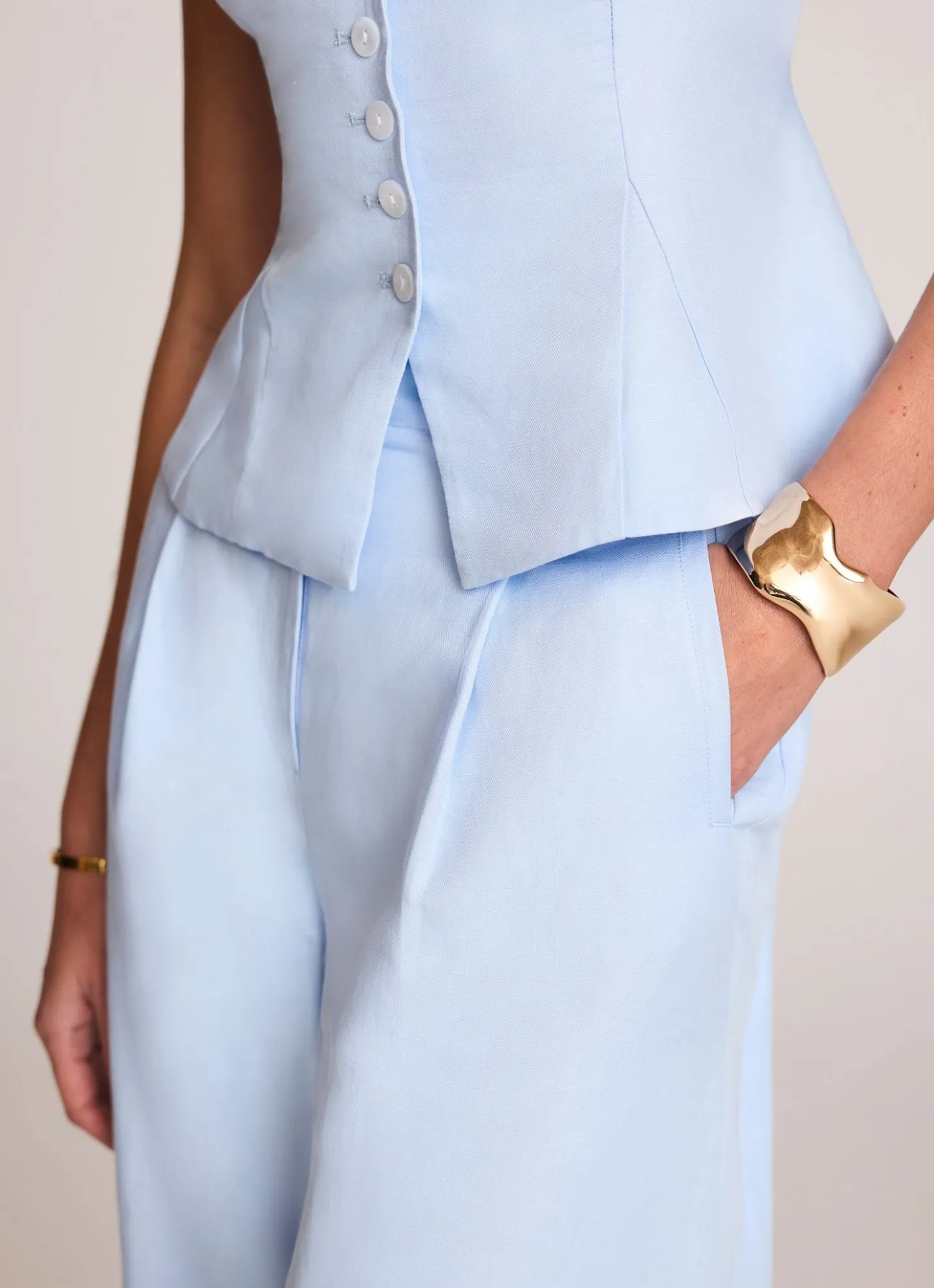 Blue Linen Blend Wide Leg Trousers