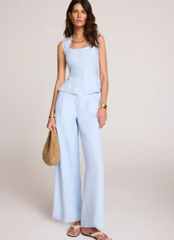 Blue Linen Blend Wide Leg Trousers