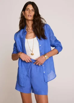 Blue Linen Drawstring Shorts