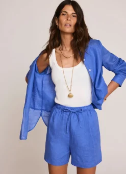 Blue Linen Drawstring Shorts