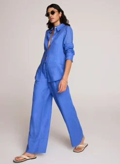 Blue Linen Drawstring Wide Leg Trousers