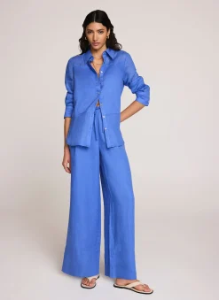 Blue Linen Drawstring Wide Leg Trousers