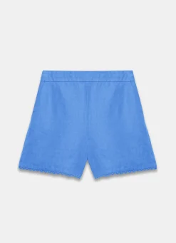 Blue Linen Scallop Hem Shorts