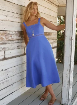 Blue Linen Scallop Trim Midi Dress