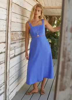 Blue Linen Scallop Trim Midi Dress
