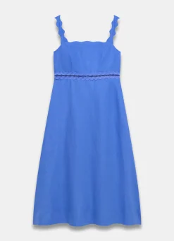Blue Linen Scallop Trim Midi Dress