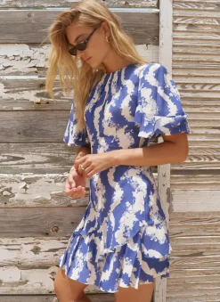 Blue Print Ruffle Mini Dress