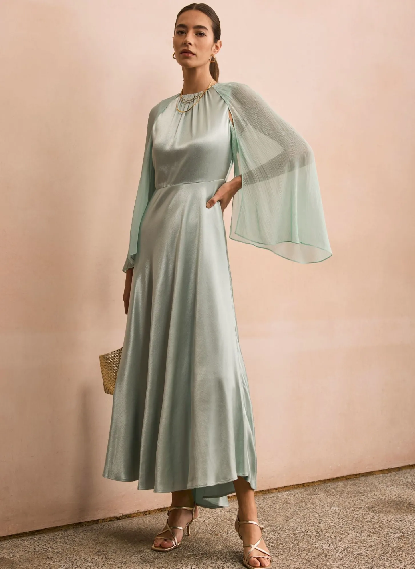 Blue Satin Cape Maxi Dress