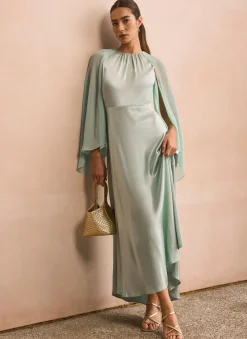 Blue Satin Cape Maxi Dress