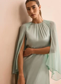 Blue Satin Cape Maxi Dress