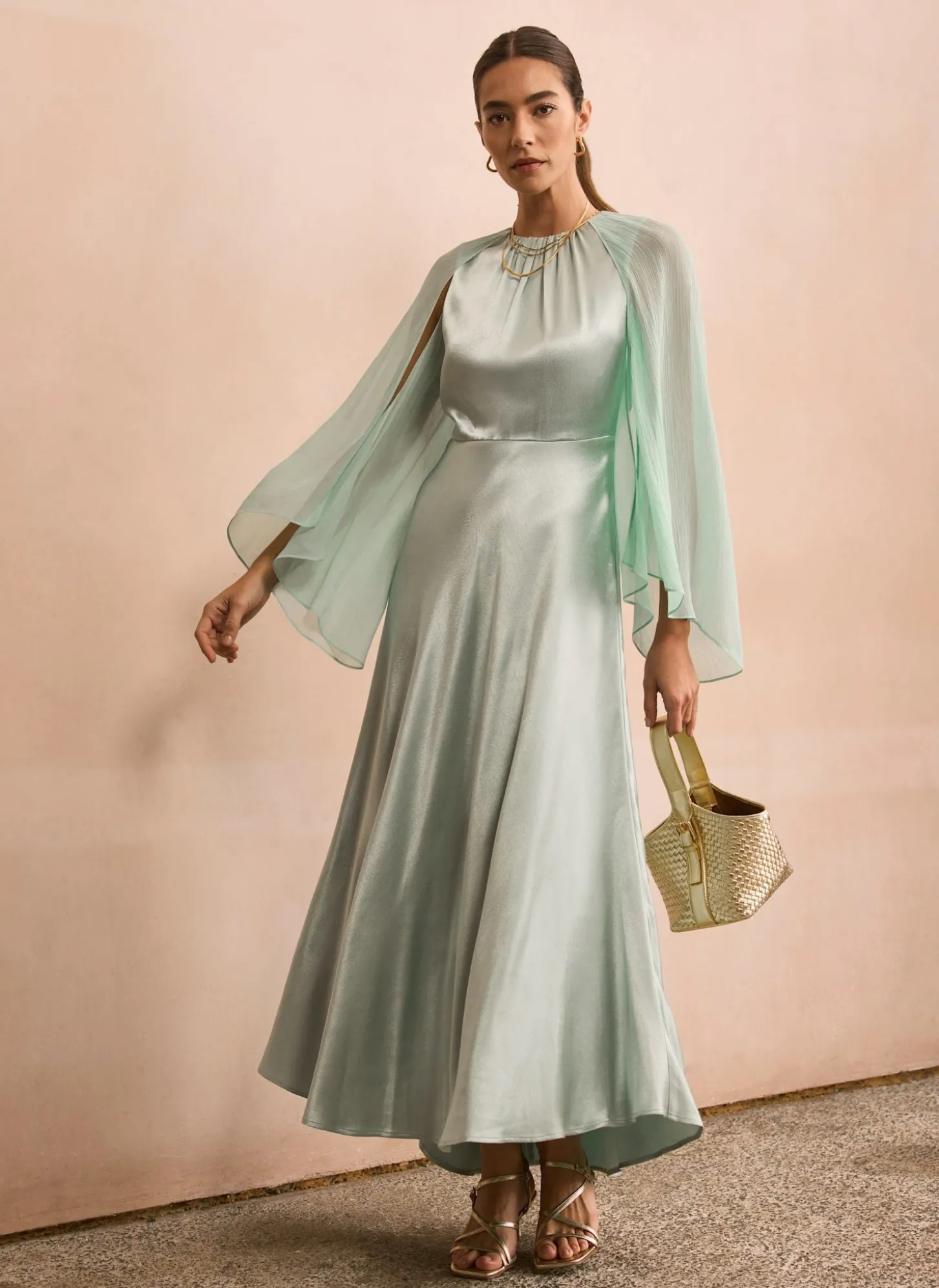 Blue Satin Cape Maxi Dress