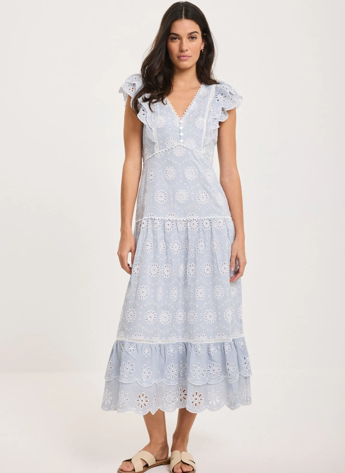 Blue Striped Broderie Midi Dress