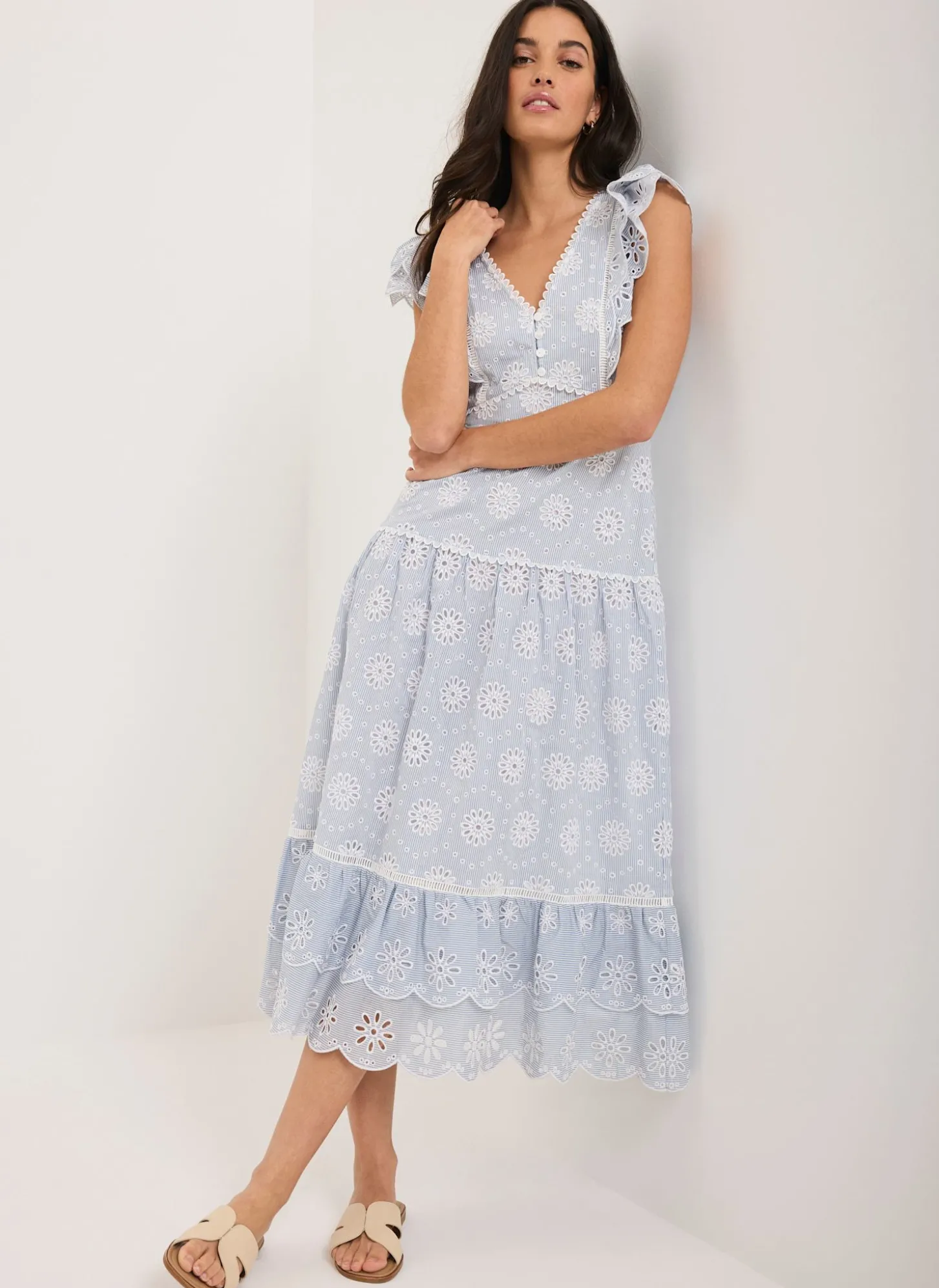 Blue Striped Broderie Midi Dress