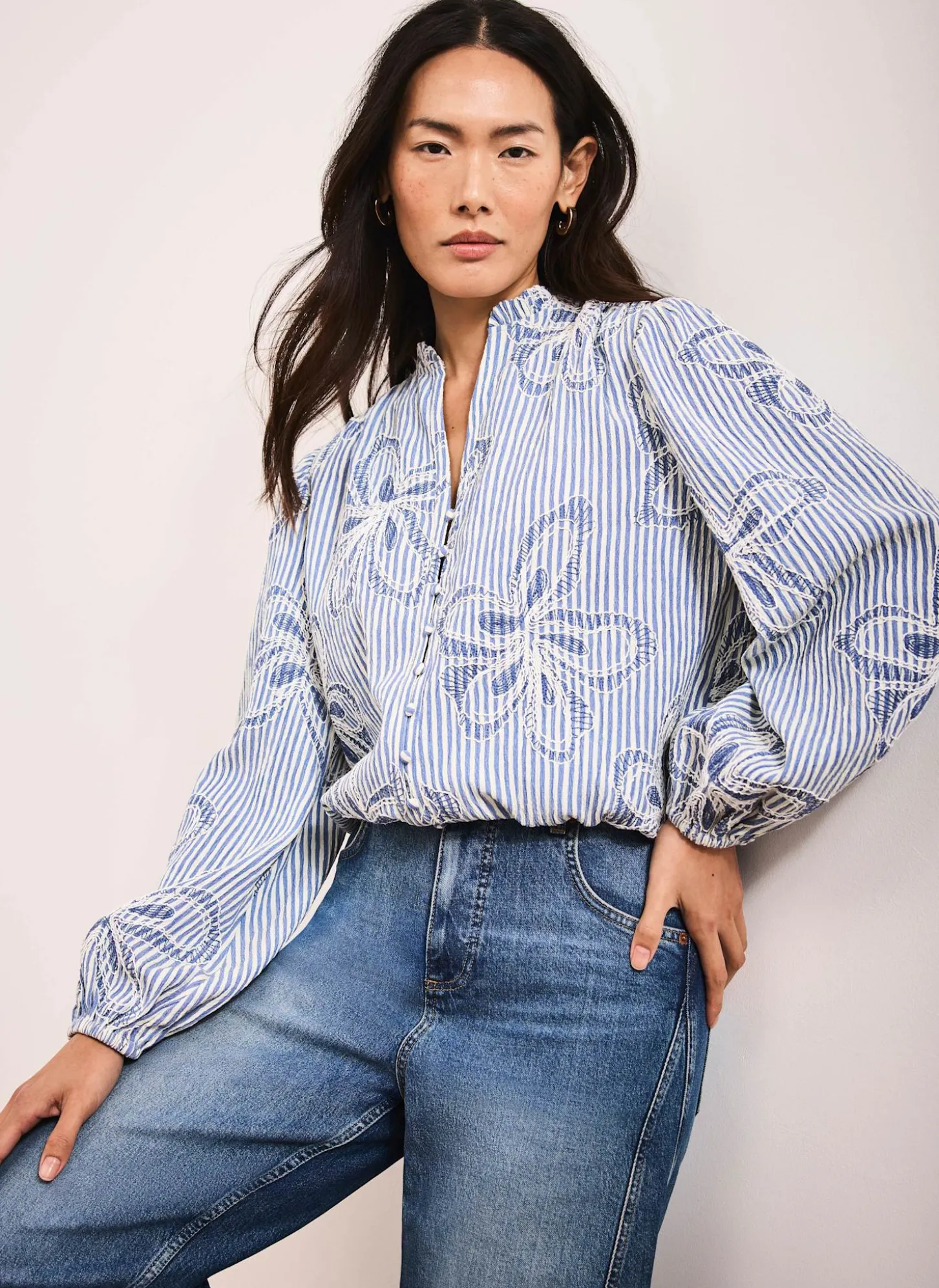Blue Striped Embroidered Floral Blouse
