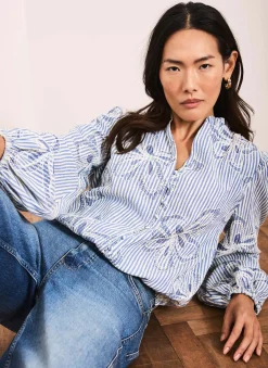 Blue Striped Embroidered Floral Blouse