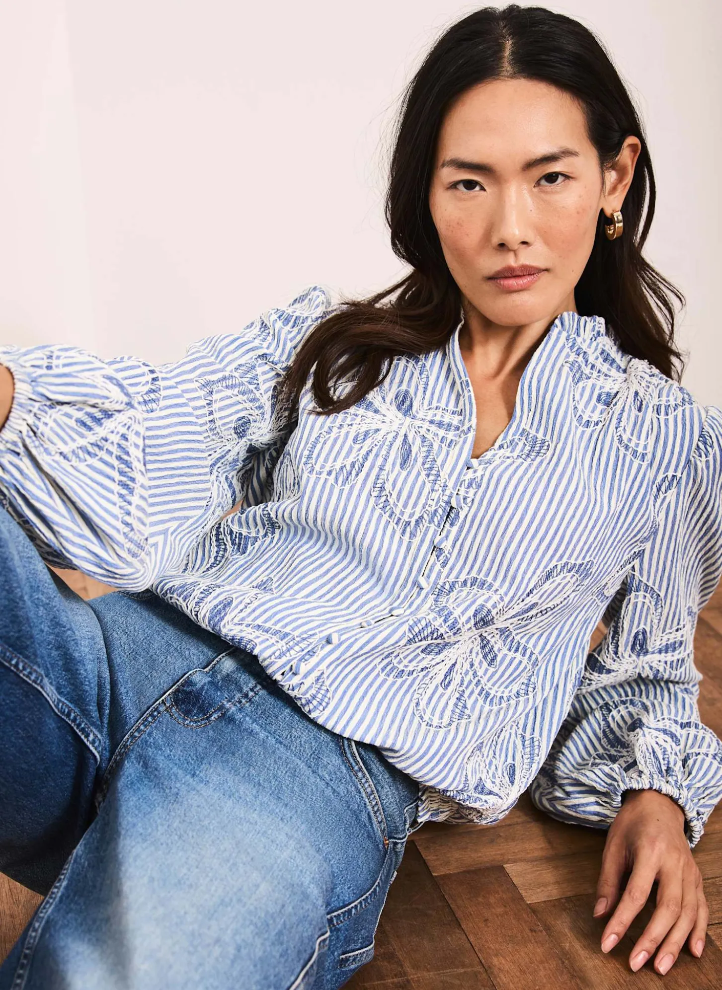 Blue Striped Embroidered Floral Blouse