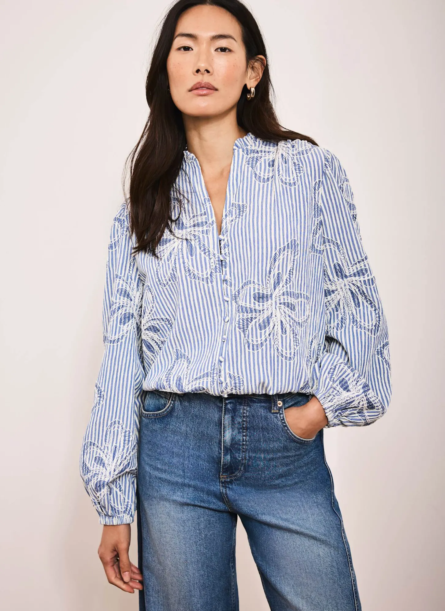 Blue Striped Embroidered Floral Blouse
