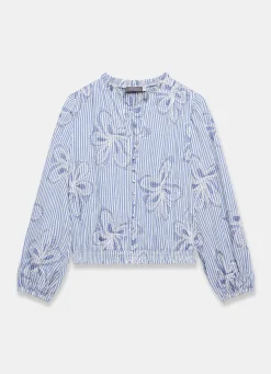 Blue Striped Embroidered Floral Blouse