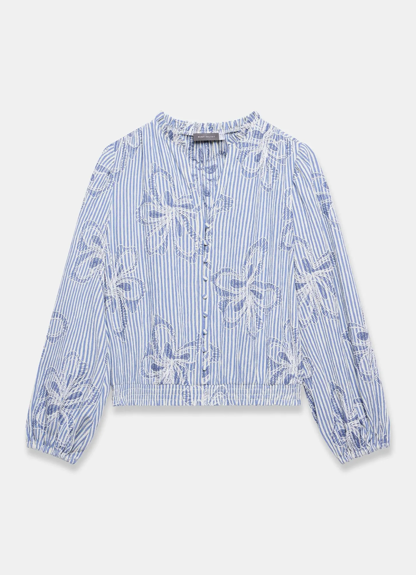 Blue Striped Embroidered Floral Blouse