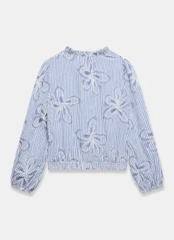 Blue Striped Embroidered Floral Blouse