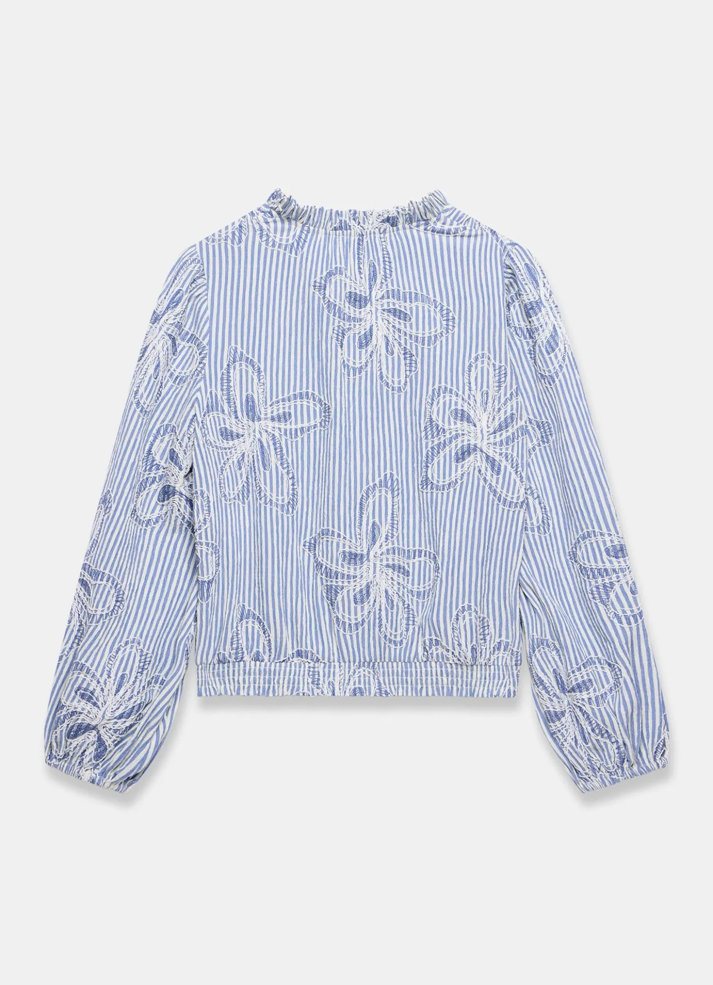 Blue Striped Embroidered Floral Blouse