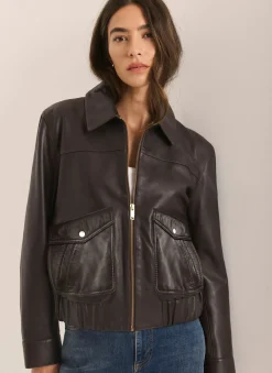 Brown Leather Collared Bomber Jacket