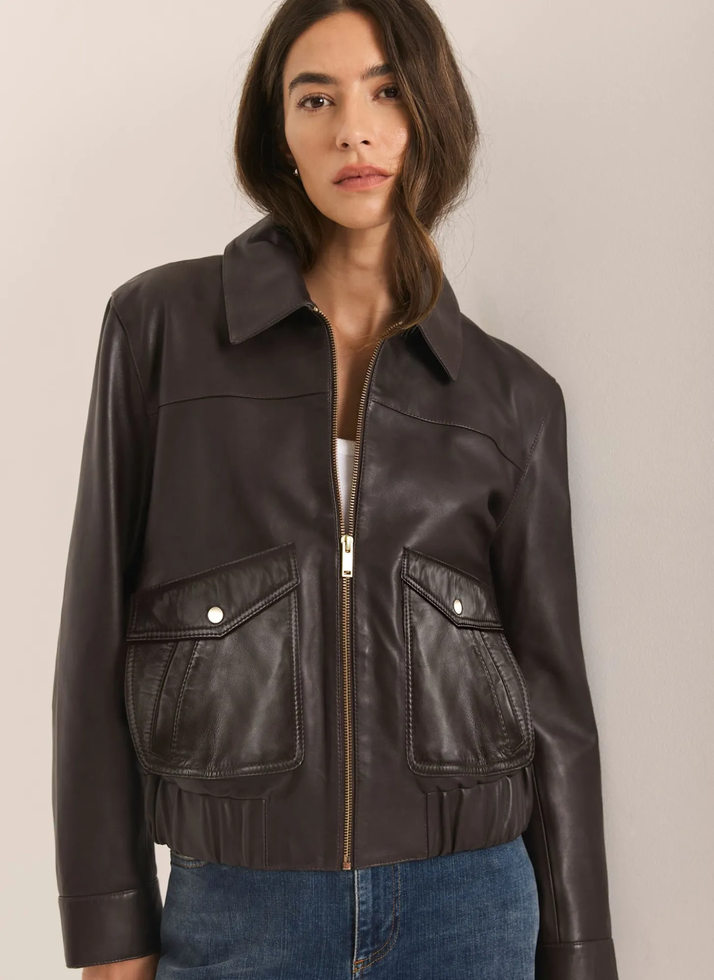 Brown Leather Collared Bomber Jacket